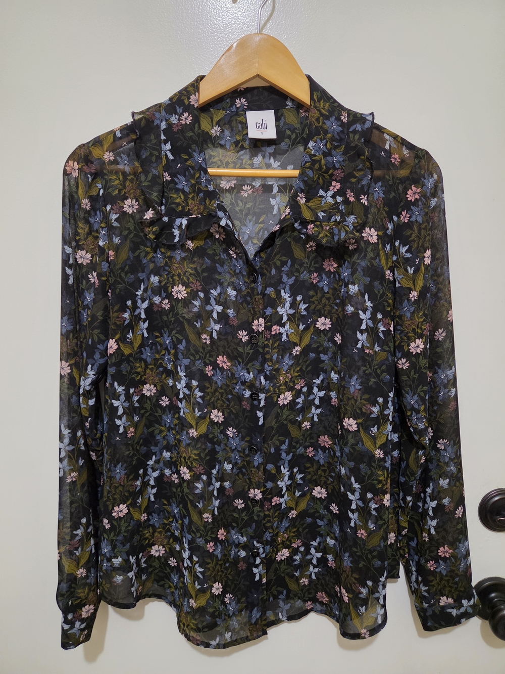 cAbi Black Floral Sheer Button-Up Blouse with Ruffles around Collar